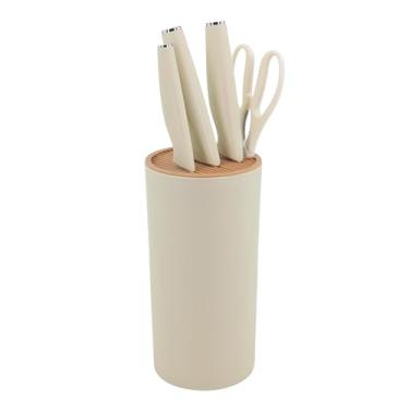 Imagem de Conjunto de Facas de Cozinha com Suporte, Bege com Detalhes Amadeirados, Aço Inox e Polipropileno, 5 Peças, Inclui Faca Chef 29cm, Faca de Legumes 22cm, Cutelo 30cm e Tesoura 20cm