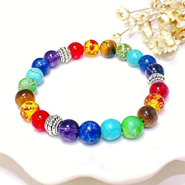 Imagem de Pulseiras de chacra para mulheres e homens com olhos de tigre pedra vulcânica e pedras naturais feitas à mão com pedras preciosas arco-íris e contas de ioga, Medium, Cristal, Sem Pedra Preciosa