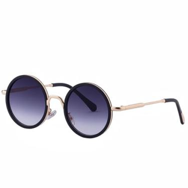 Imagem de JRLLFD Óculos de sol femininos com armação redonda de metal, armação pequena de luxo, para dirigir ao ar livre, UV400 (cinza com degradê dourado)