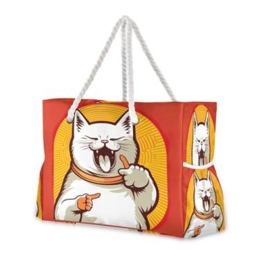 Imagem de Wassud Bolsa de praia grande para mulheres, gato branco feliz, impermeável, à prova de areia, bolsa de viagem com zíper e bolso para piscina, academia, acampamento