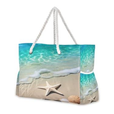 Imagem de Wassud Bolsa de praia turquesa com estrela-do-mar grande bolsa de praia para mulheres, à prova d'água, à prova de areia, bolsa de viagem com zíper e bolso para piscina, academia, acampamento