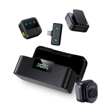 Imagem de Microfone Lapela Tipo C Sem Fio Com Display Digital Preto Kit Duplo Com Imã Compatível com Iphone 15/16/17 e Android IA Antí-ruído Tiktok Podcasts Gravações Reuniões Online