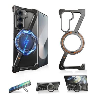 Imagem de NIFBANG Capa em forma de Z sem moldura para Samsung Galaxy Z Fold 5 com suporte, suporte de anel magnético giratório de 360°, moldura minimalista menos à prova de choque para capa Z Fold 5 (preto)