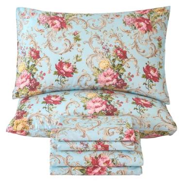 Imagem de Zusbest Jogo de lençol king size azul vermelho floral 100% algodão, roupa de cama de luxo respirável para pessoas que dormem quente, estilo country americano surrado, vintage, flor, bolso profundo