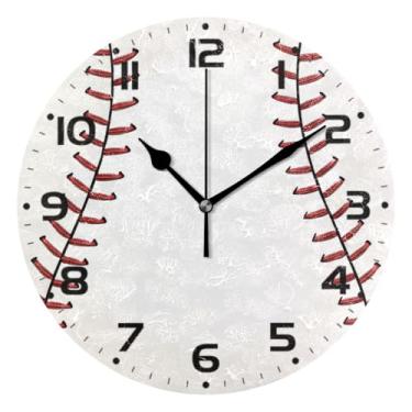 Imagem de JUZIHAI Relógio de parede de grão de beisebol, silencioso, sem tique-taque, relógios de parede redondos operados por bateria, fácil de ler, relógio decorativo de parede para casa, cozinha, sala de