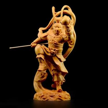 Imagem de FENNYYAR Estátua de rei macaco de madeira esculpida à mão - Escultura Sun Wukong, 16 cm, para decoração de casa
