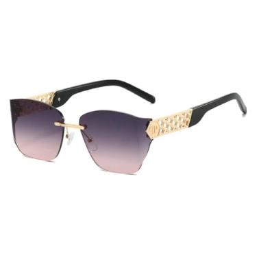 Imagem de HCHES Óculos de Sol Femininos de Luxo Sem Armação com Lentes Degradê, Estilo Retrô, Armação Metálica Vazada, Proteção UV400 (Dourado, Cinza e Rosa)