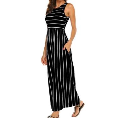 Imagem de Vestido maxi Hount Summer listrado sem mangas para mulheres, preto