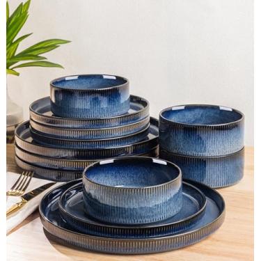Imagem de TheTerra Conjuntos de louça de cerâmica para 4, 12 peças de pratos e tigelas leves de porcelana, conjunto de pratos resistentes a arranhões, seguro para forno, micro-ondas e lava-louças, azul