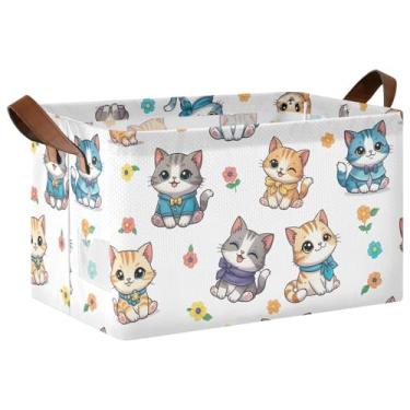 Imagem de Cestas de armazenamento decorativas dobráveis com alças, caixas de 43 x 29 x 25 cm para organização, organizador de roupas de gatos fofos, pacote com 2