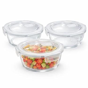 Imagem de Conjunto 3 Potes de Vidro Hermético, Transparente, 16 cm x 7 cm, Tampa com Vedação de Silicone, 650 ml, Redondo, para Cozinha, Freezer e Micro-ondas