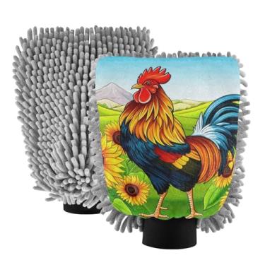 Imagem de ODAWA Luvas de lavagem de microfibra de chenille reutilizáveis para lavagem de carro, pacote com 2, girassol de galo de desenho animado, 18 cm C x 26 cm L