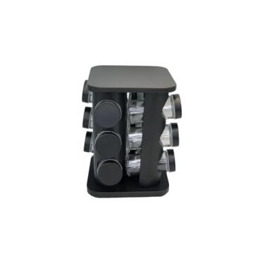 Imagem de Porta Condimentos Giratório com 12 Potes, Plástico Preto, 80ml, Vidro Transparente, Mecanismo 360°, 22x17cm