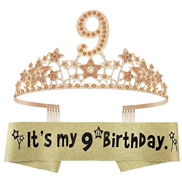 Imagem de EBE EmmasbyEmma Faixa de aniversário e tiara para meninas - fabulosa faixa de glitter + céu estrelado strass ouro premium tiara de metal premium para festa de princesa