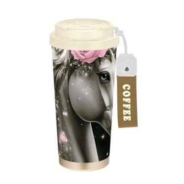 Imagem de Caneca de viagem de café 40 ml com canudo e tampa, copo de parede dupla isolado a vácuo com revestimento cerâmico, arte cinza unicórnio rosa