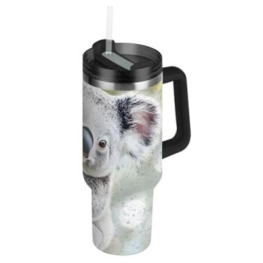 Imagem de Copos de aço inoxidável com tampa e canudos fofo urso coala pendurado animal copo para rosa quente e frio fofo copo de 850 g com alça garrafa de água isolada