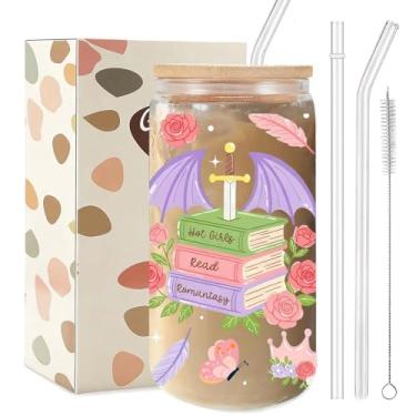 Imagem de Copo de vidro romântico para amantes de livros 473 ml, copo temático de biblioteca encantada com tampa e canudos, vidro estético mágico literário para leitores, presente exclusivo para mulheres