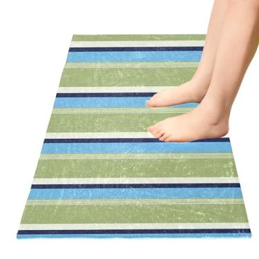 Imagem de TSENQUE Tapete de cozinha listrado verde azul tapete de banheiro grande tapete de porta frontal absorvente tapete de banheiro antiderrapante para cozinha doméstica, 99 cm x 50 cm