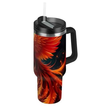 Imagem de Copos Majestic Phoenix Fiery Wings com tampa e canudo Copo grande de 850 g com alça garrafas de água isoladas xícaras de café quente de aço inoxidável para carro
