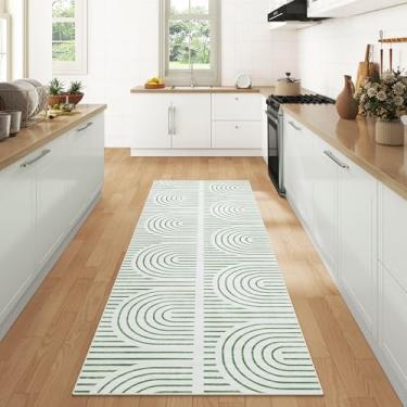 Imagem de ARKIIKI Tapetes de 5 x 15 cm para sala de estar, tapetes de área laváveis Boho para quarto, tapetes antiderrapantes de borracha para sala de jantar, casa, apartamento, verde