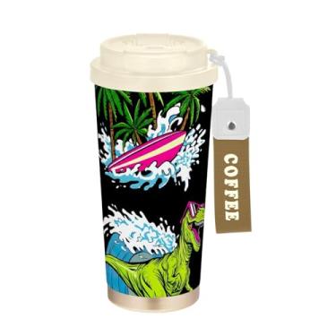 Imagem de TSENQUE Caneca de café de viagem 40 ml com canudo e tampa, revestimento cerâmico isolado a vácuo copo de café de aço inoxidável à prova de vazamento, tiranossauro legal Rex desenho preto