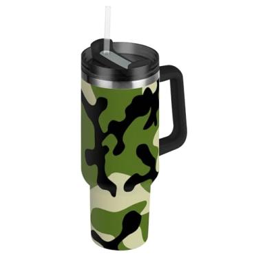 Imagem de Joisal Copo militar verde camuflado preto com tampa e canudo garrafa de água isolada de aço inoxidável 1,134 g copo com alça à prova de derramamento caneca de café quente para carros