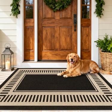 Imagem de JROSING Tapete de juta fácil listrado lavável 7,5 x 12,5 cm, preto, externo, pátio, moderno, neutro, pequeno, bordado, tapete fino, antiderrapante para sala de estar, quarto, entrada, porta de casa de