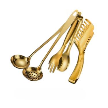 Imagem de Conjunto Dourado, Talheres De Cozinha Em AçO InoxidáVel — Concha, Concha Para Sopa, PinçAs E EspáTula Para Preparar E Servir(KIT 4 Peças)