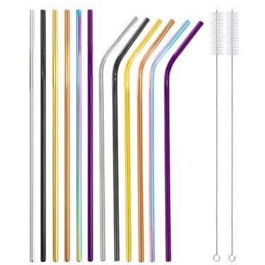 Imagem de Woyinger Pacote com 12 canudos de aço inoxidável de 26,6 cm x 0,6 cm com 2 escovas de limpeza, 6 canudos retos + 6 canudos mentais dobrados, compatíveis com copos de 850 g (prata/preto/ouro/ouro rosa