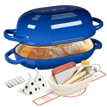Imagem de Forno holandês de ferro fundido esmaltado para assar pão - incluindo suprimentos para assar pão de fermento como cesta à prova de pão Banneton - Forma de pão de ferro fundido de 5 litros com tampa