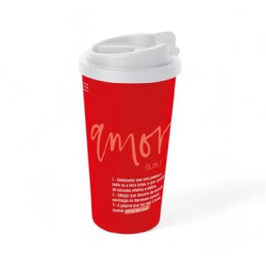 Imagem de Copo Térmico de Viagem Amor, Plástico PP e PE, Vermelho, 500ml, com Tampa, 17.5cm Altura, Design Romântico para Bebidas Quentes e Frias