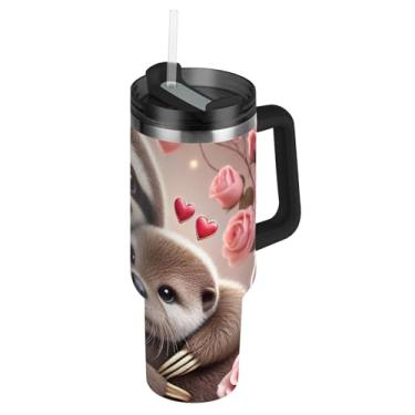 Imagem de Joisal Copos de corações abraçados família preguiça com tampas e canudo à prova de derramamento 1,134 g copo com alça garrafas de água isolado aço inoxidável carro copo de café