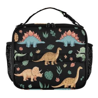 Imagem de Joisal Lancheira clássica de dinossauros com folhas de estegossauro preta para mulheres, meninas, lancheira com alça de ombro masculina e infantil, lancheira para trabalho, escola, linda bolsa térmica