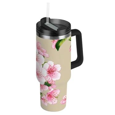Imagem de Copos de aço inoxidável com tampas e canudo rosa flor de cerejeira floral primavera copos de café quente para carro copo reutilizável com alça garrafas de água isoladas de 1,134 g