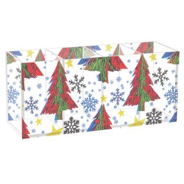 Imagem de TSENQUE Suporte de lápis para mesa, árvore de Natal colorida, flocos de neve, pincel de maquiagem, copo artístico, personalizado, estético, decoração de mesa de escritório