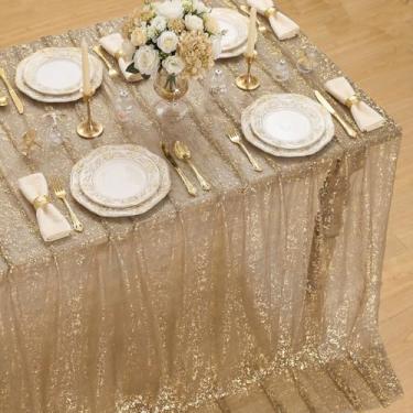 Imagem de Horaldaily Toalha de mesa Coffee Gold Gauze retangular 152 x 300 cm, folha metálica com glitter de lantejoulas douradas, gaze de tule transparente para casamento, chá de bebê, cerimônia de aniversário