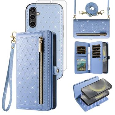 Imagem de Asuwish Capa de celular para Samsung Galaxy S24 5G carteira com zíper destacável com protetor de tela de vidro temperado, alça transversal, flip brilhante, porta-cartão de crédito S 24 24S G5 feminino