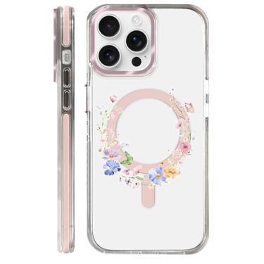 Imagem de casesok Capa para iPhone 14 Pro Max compatível com Magsafe, design estético claro bonito para meninas e mulheres, capa rígida protetora antiqueda para iPhone 14 Pro Max-Pastel Flores Anel Borboleta