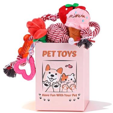Imagem de EXPAWLORER Conjunto de 8 brinquedos para cães do Dia dos Namorados, caixa de presente para dentição, brinquedo de bola de corda durável e estridente, brinquedo de borracha indestrutível, interativo