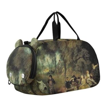Imagem de Bolsa esportiva Hubert Robert para meninas com pintura de paisagem para viagem durante a noite com compartimento para sapatos, bolsa esportiva para meninos, Pintura de arte de Antoine Watteau
