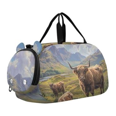 Imagem de Bolsa esportiva para meninos e crianças pequenas, bolsas de viagem para meninas, academia, bagagem infantil, arte pop, vaca highland, Scottish Highland Cows Mountains, Clássico