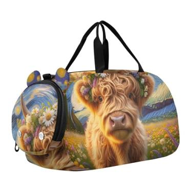 Imagem de Blue Jay Bolsa esportiva com estampa artística para meninos, bolsas noturnas, bolsas de viagem para academia, bagagem infantil, Linda vaca Highland Starry Night Floral, Clássico