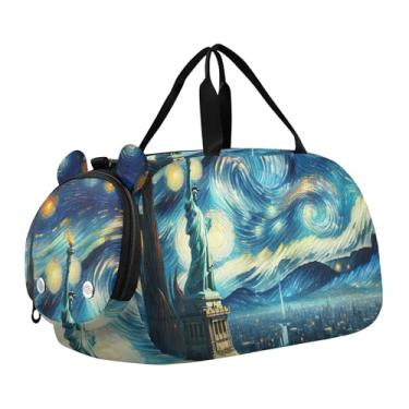 Imagem de Bolsa esportiva rosa Swan Crowns para meninos e fim de semana para viagem noturna para meninas, Estátua da Liberdade Noite Estrelada, Clássico