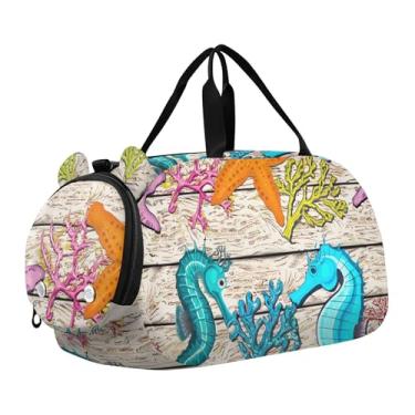 Imagem de Bolsa esportiva para meninos durante a noite com silhuetas de tartarugas marinhas azul claro para meninas, bolsa de viagem, bolsa de dança para crianças, Cavalos-marinhos coloridos de criaturas