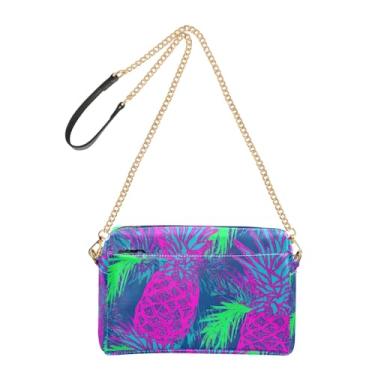 Imagem de Joitme Bolsas femininas roxas abacaxis tropicais verdes palmeiras bolsa transversal alça corrente couro PU bolsa de ombro bolsa de telefone bonita