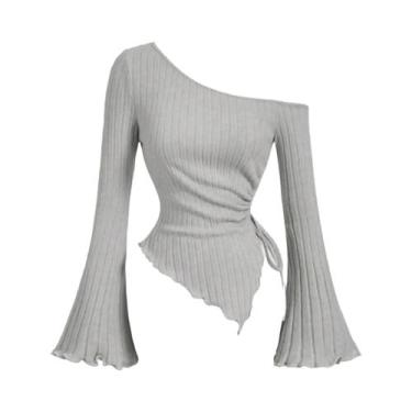 Imagem de Camiseta Casual Feminina De Manga Longa Com Um Ombro, Estilo Europeu-A