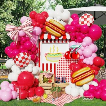 Imagem de Arco de balão de festa de cachorro-quente, 137 peças, kit de arco de guirlanda de balão rosa vermelho e branco com balões de alumínio de cachorro-quente para piquenique churrasco bebê Q decorações de