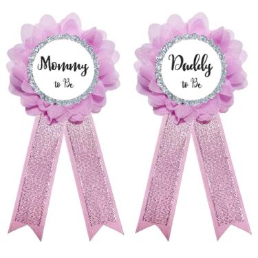 Imagem de Chicelite Kit de alfinetes de corsage Daddy to be & Mommy to be, adereços para fotos de chá de bebê, botão de roseta para celebração de festa de revela gênero, 1 Count (Pack of 2), Seda, Sem pedras