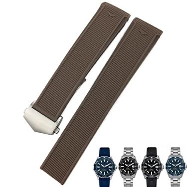 Imagem de DFAMIN Pulseira de relógio de silicone de borracha de 20 mm, 22 mm, preta, azul e marrom, pulseira impermeável para Tag Heuer CARRERA AQUARACER F1 mergulho (prata marrom, 20 mm)