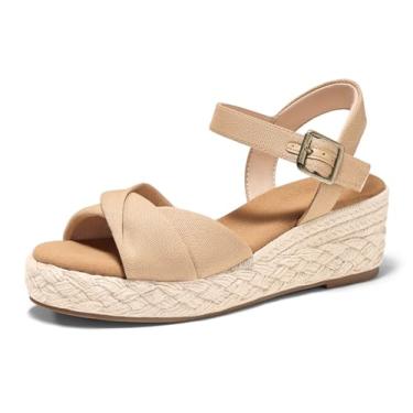 Imagem de Coutgo Sandálias femininas plataforma salto plataforma alpargatas bico aberto tira no tornozelo lona torcida verão praia sapatos, Cáqui claro, 38